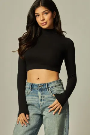 Sandra Ribbed Knit Cropped Mock Neck Long Sleeve Tee Chic Essentials adults' Tight fit sexiness Sandra Ribbed Knit Cropped Mock Neck Long Sleeve Tee
