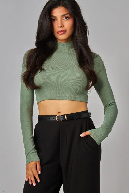 Modern Casual Sandra Ribbed Knit Cropped Mock Neck Long Sleeve Tee