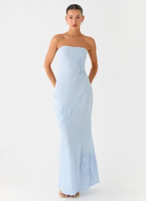 Sassafras Beaded Flower Strapless Maxi Dress - Blue Versatile Layer Sassafras Beaded Flower Strapless Maxi Dress - Blue Party Safe