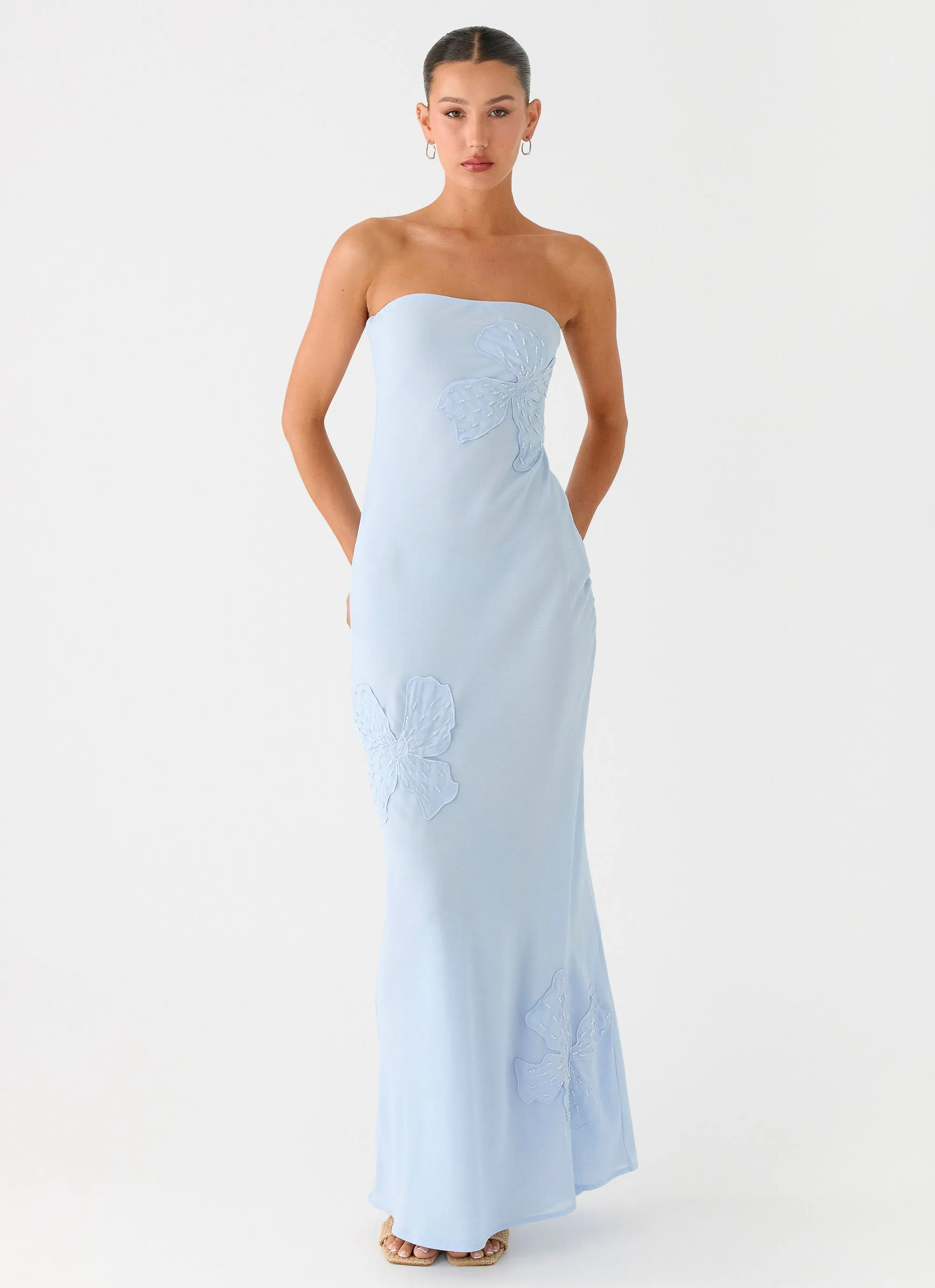 Sassafras Beaded Flower Strapless Maxi Dress - Blue Party Safe