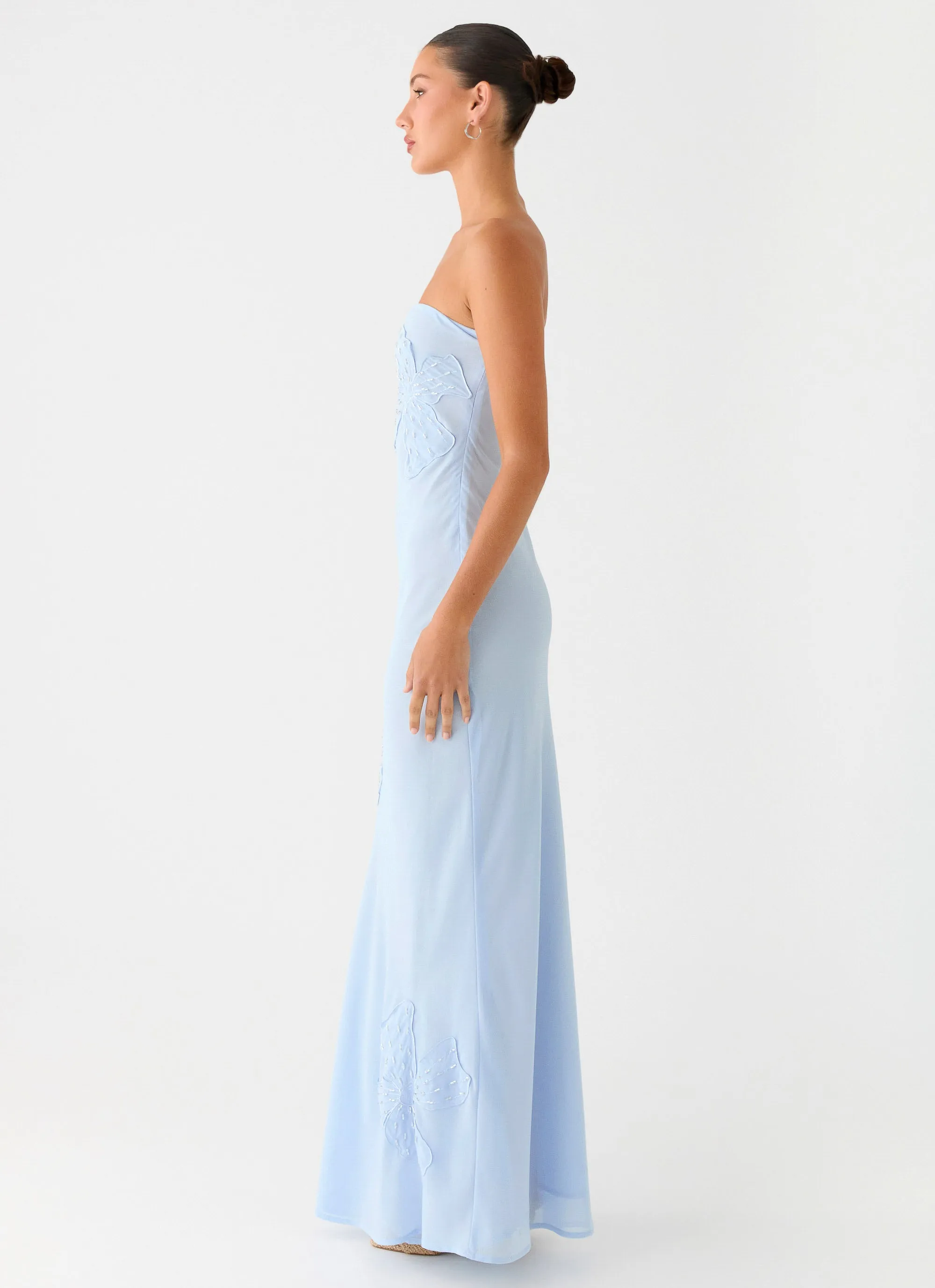 Subtle Touch Semi Fit Sassafras Beaded Flower Strapless Maxi Dress - Blue
