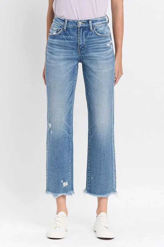 True Comfort Sawyer High Rise Frayed Hem Straight Jeans