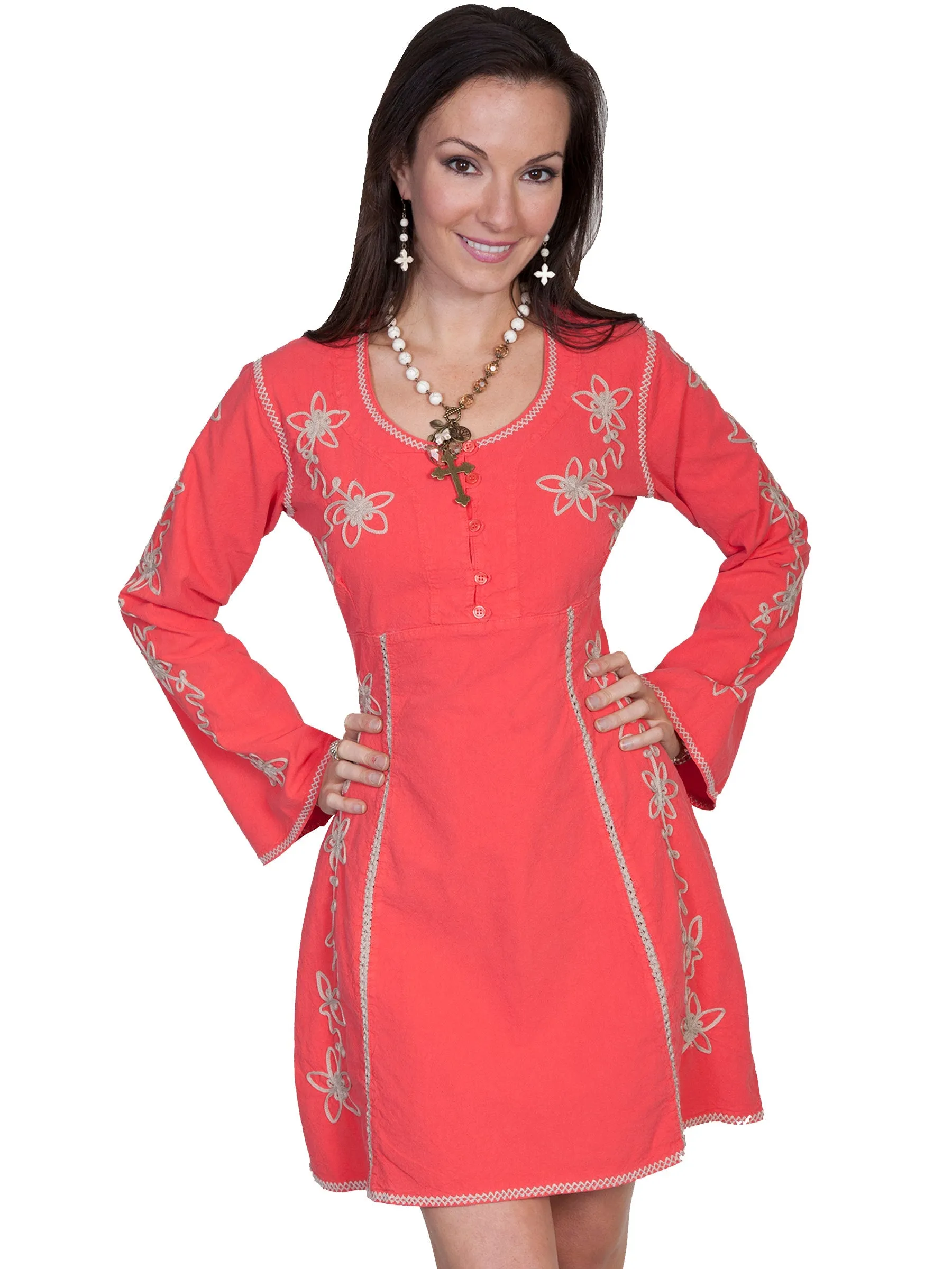 Scully Cantina Collection Scoop Neck Dress Cayenne 100% Cotton Crochet L/S Weekend Style Stretch Bold Look Timeless Waist