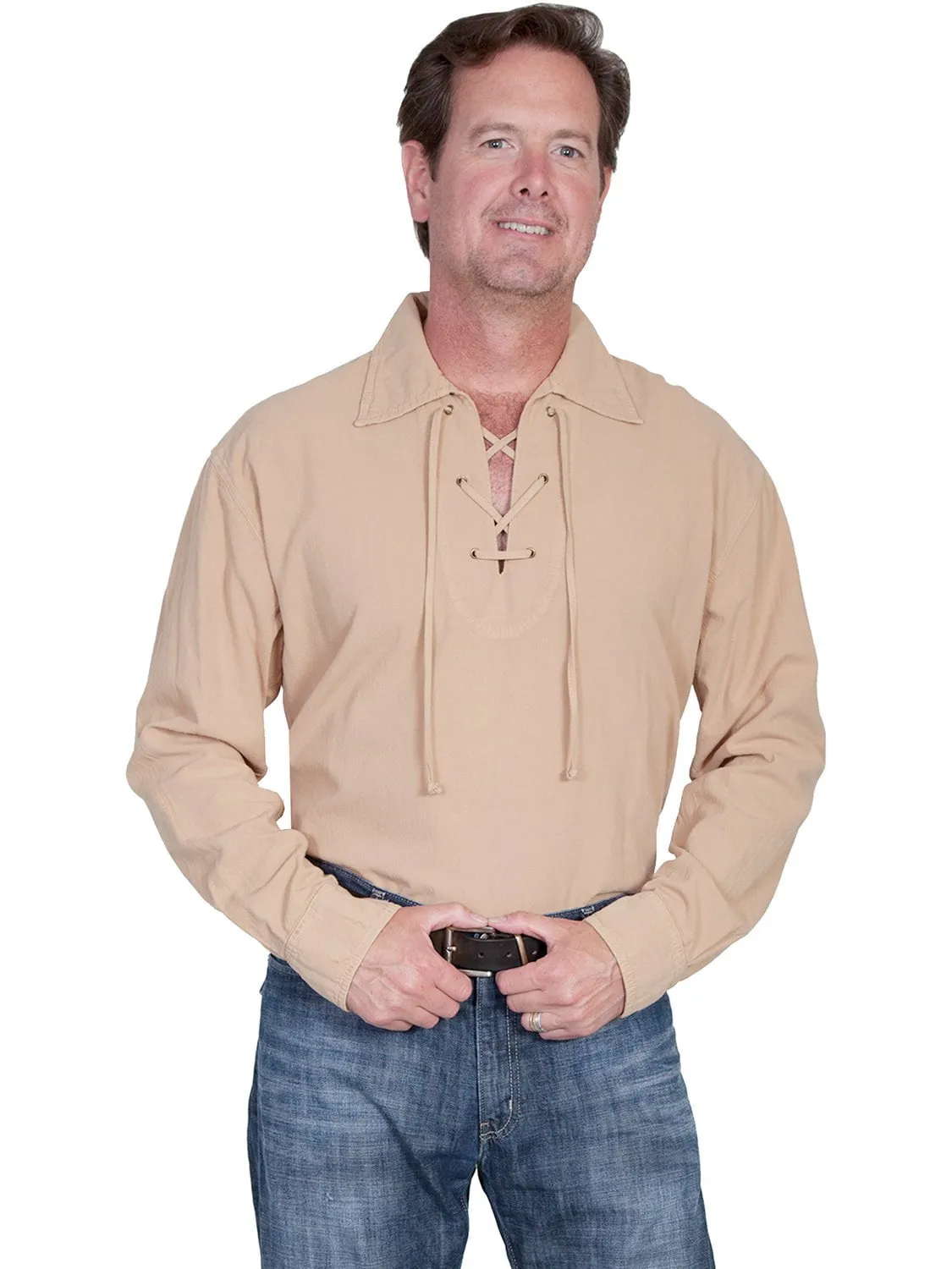 Anti Static Fabric Soft Comfort Scully Cantina Mens Sand 100% Cotton Laceup Pullover Shirt