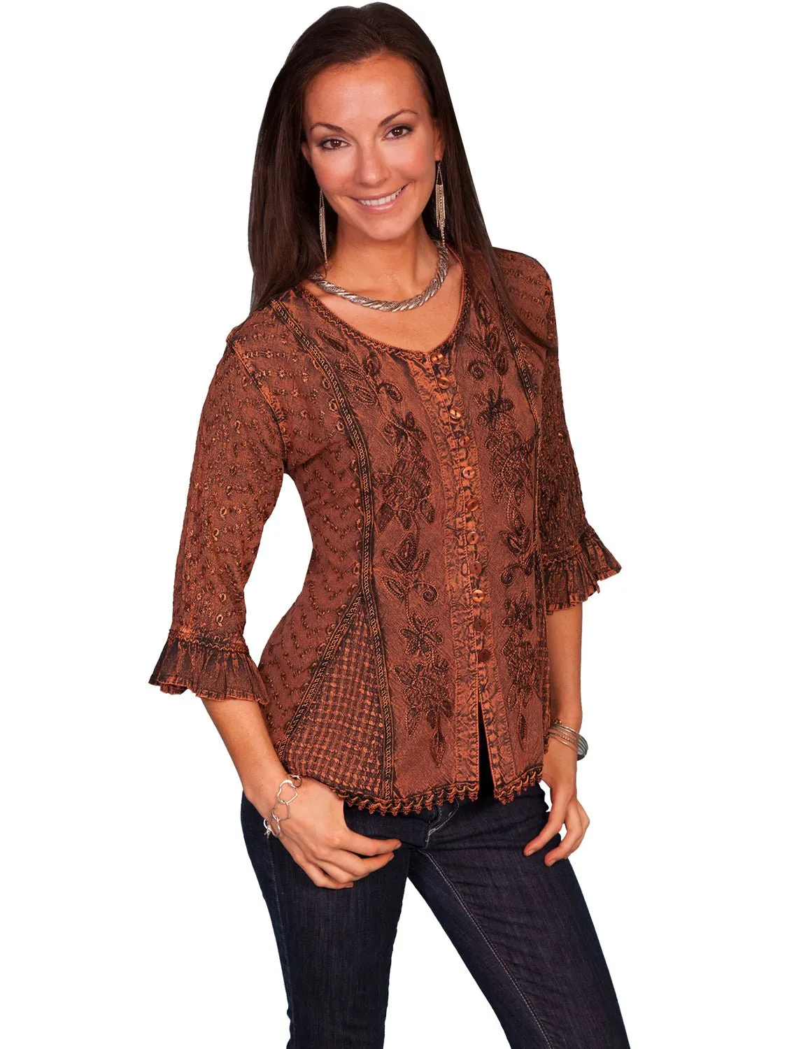 Sleepwear Scully Honey Creek Womens Blouse Copper 100% Rayon Embroidered 3/4 Sleeve