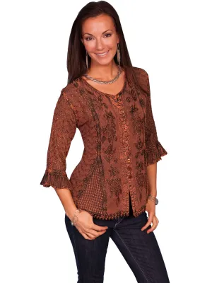 Scully Honey Creek Womens Blouse Copper 100% Rayon Embroidered 3/4 Sleeve Bold Statements Unisex style Sleek Fit Scully Honey Creek Womens Blouse Copper 100% Rayon Embroidered 3/4 Sleeve