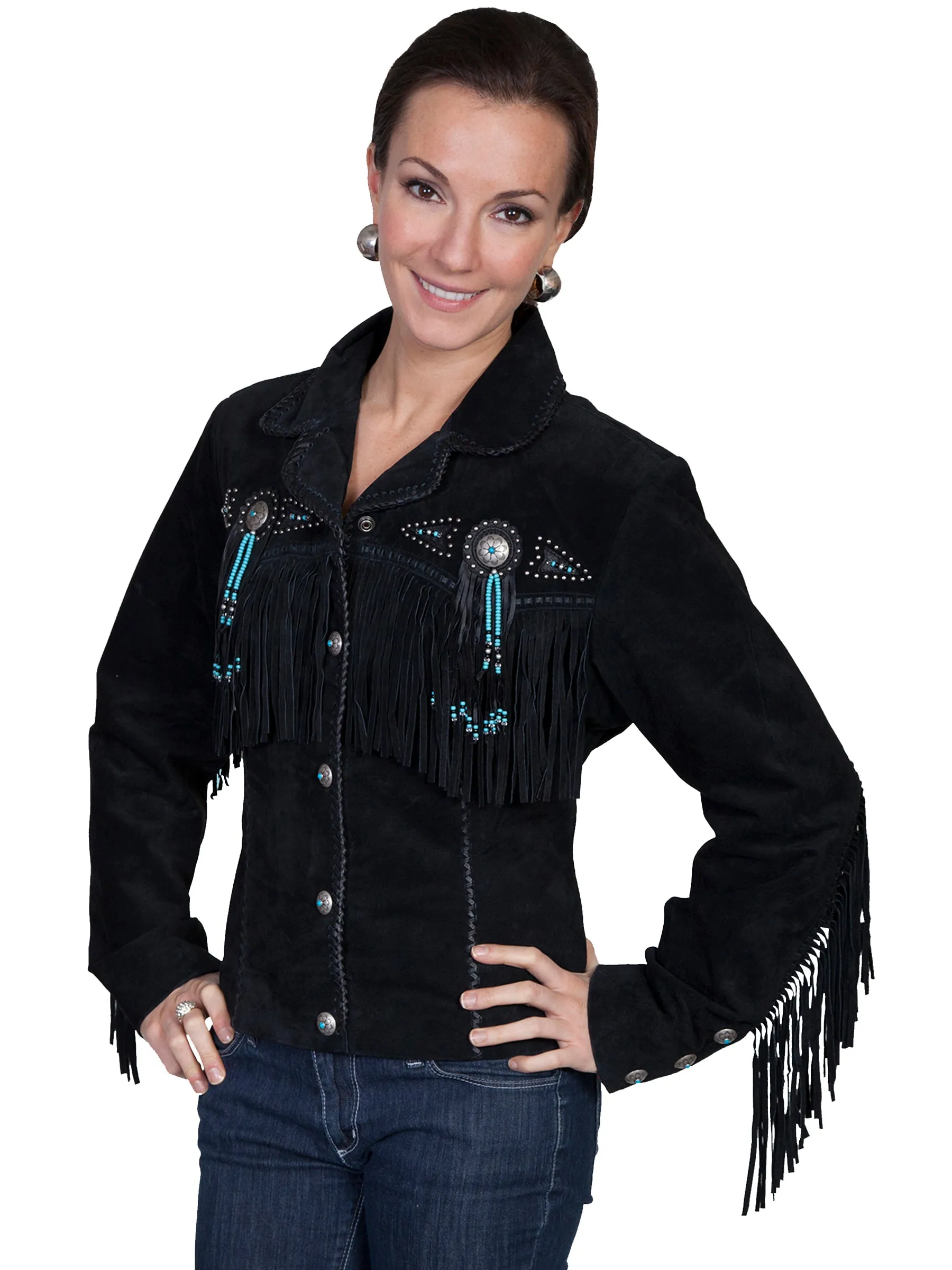 Ever Versatile Scully Leather Womens Beaded Fringe Conchos Boar Suede Jacket Black