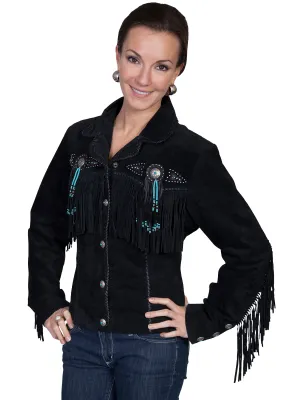 Scully Leather Womens Beaded Fringe Conchos Boar Suede Jacket Black button fly Scully Leather Womens Beaded Fringe Conchos Boar Suede Jacket Black Teen Outfit Night Out Party Look Crisp Look