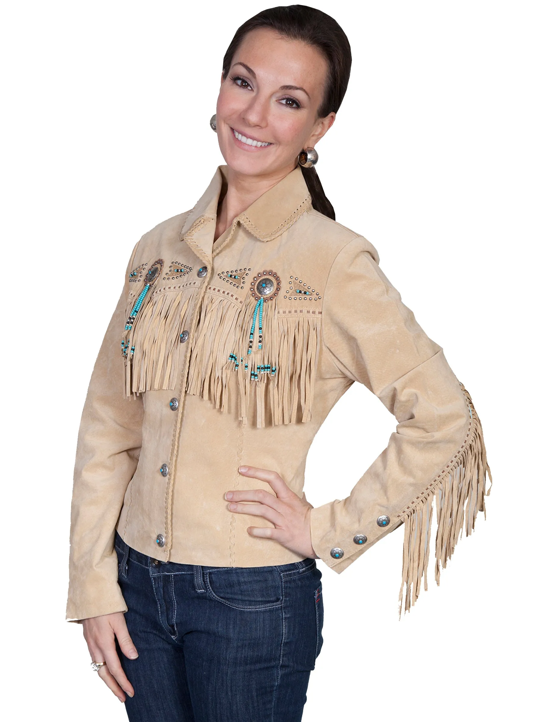 Fit And Easy Scully Leather Womens Beaded Fringe Conchos Boar Suede Jacket Chamois