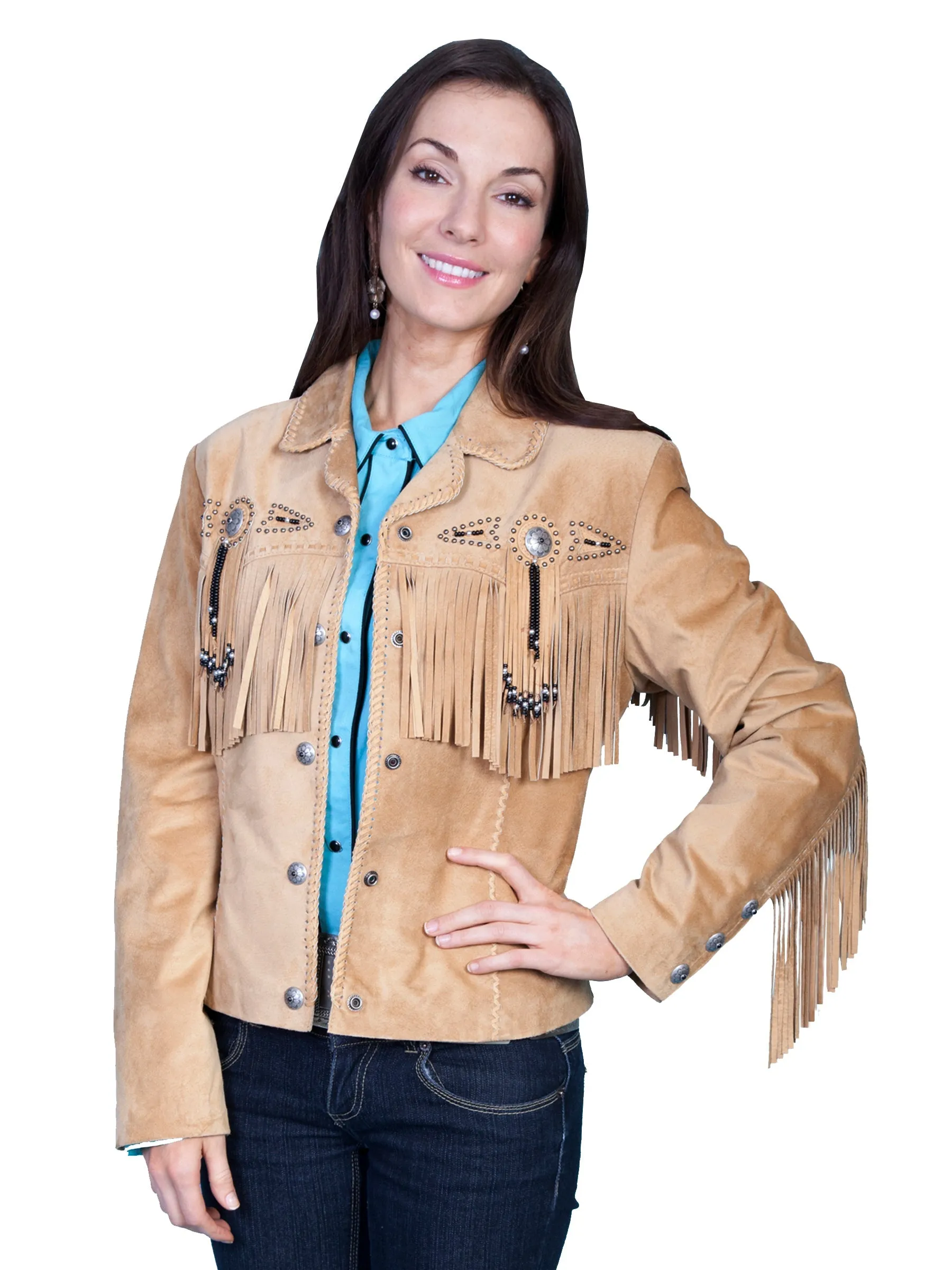 Advanced Stretch Recovery Scully Leather Womens Beaded Fringe Conchos Boar Suede Jacket Old Rust