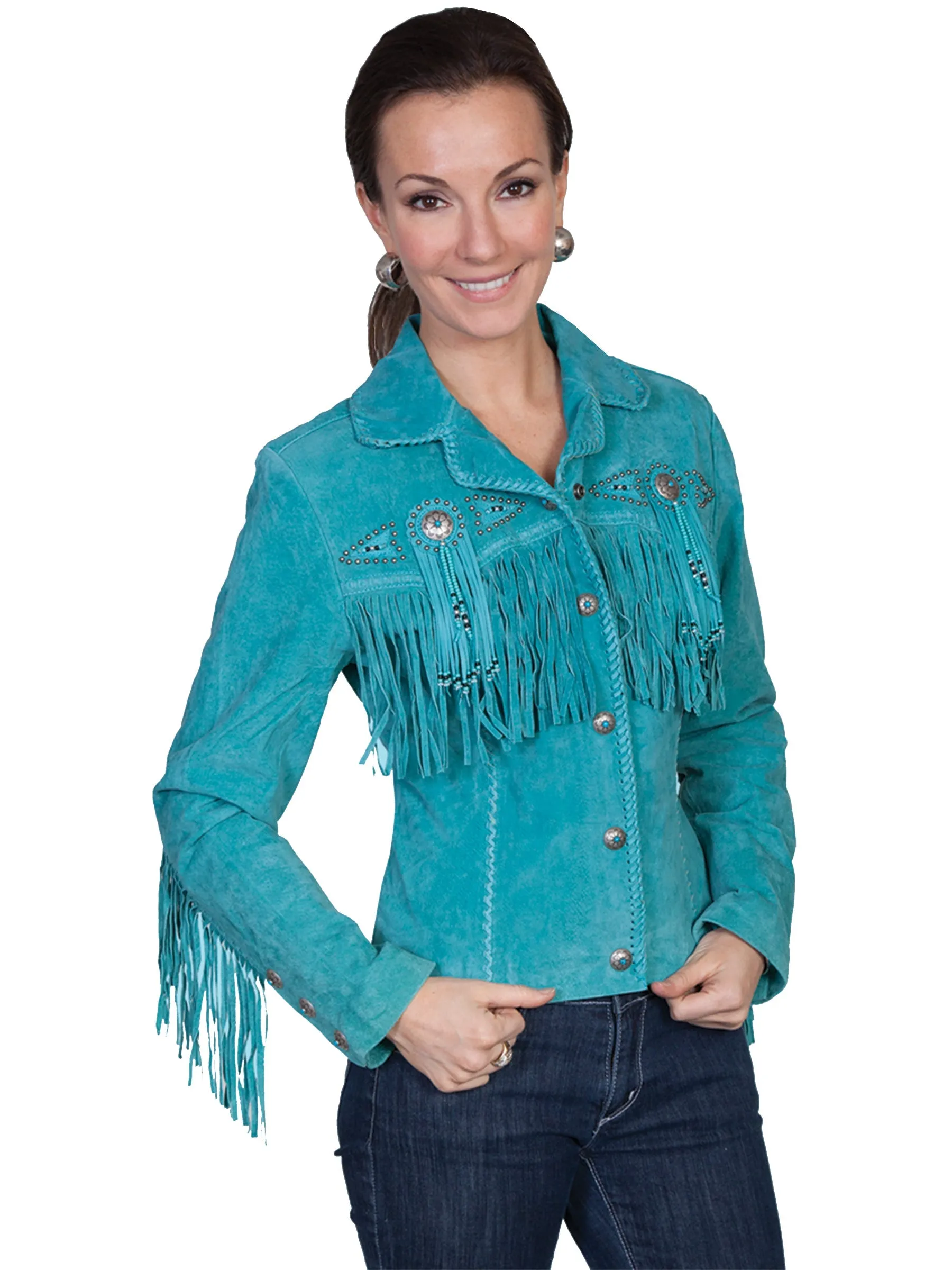 Scully Leather Womens Beaded Fringe Conchos Boar Suede Jacket Turquoise All Season Fit