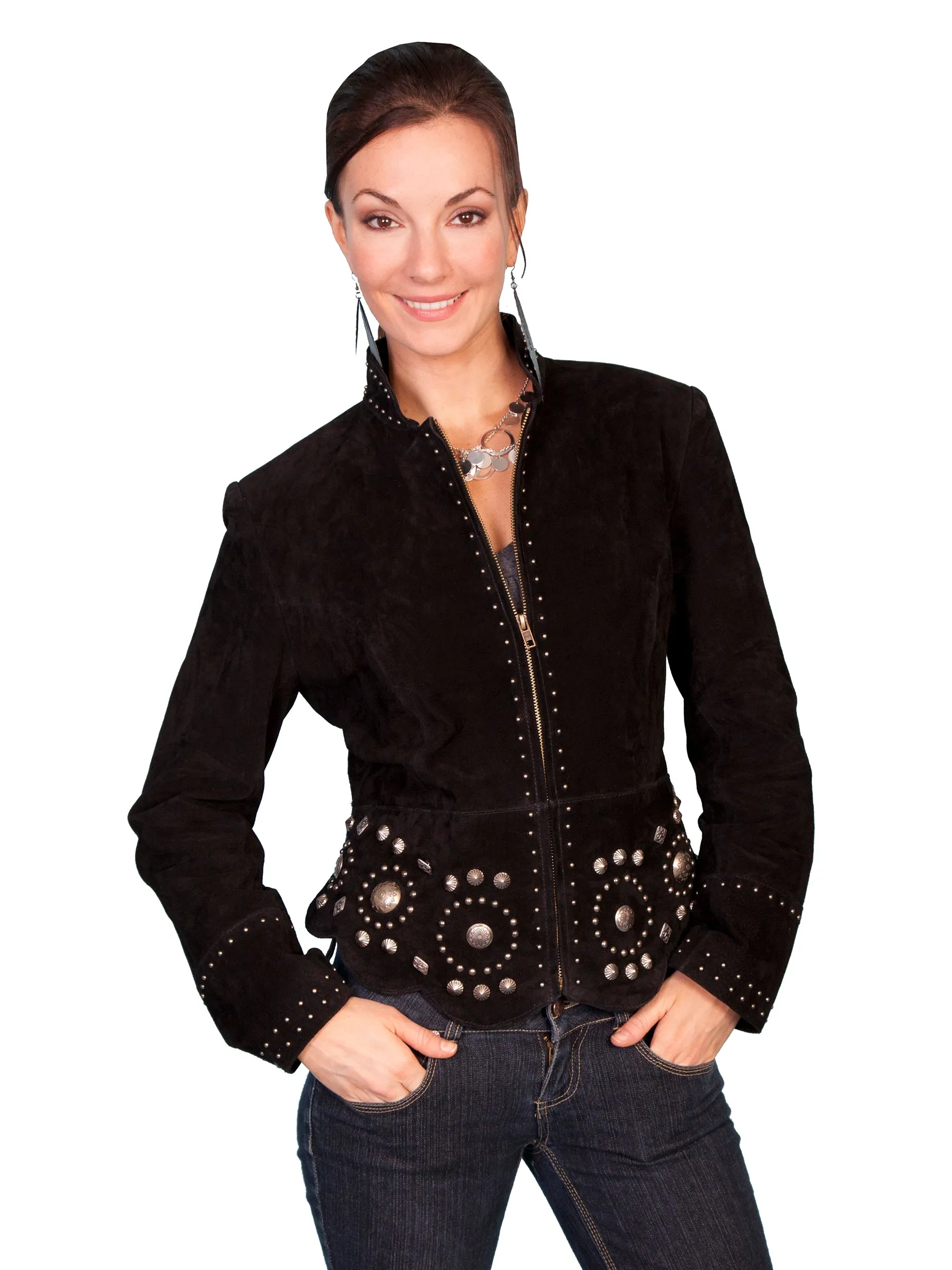 Scully Leather Womens Studded Conchos Boar Suede Jacket Black Comfy Streetwear Fan Music Event Relaxed Waistband