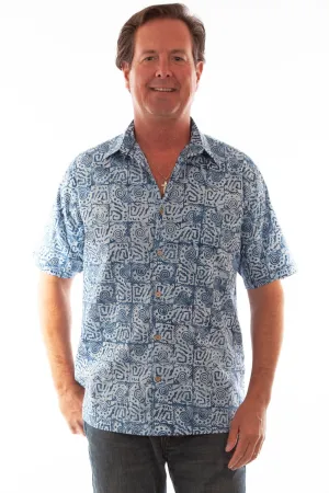 Scully Mens Batik Box Light Blue 100% Cotton S/S Shirt Pre Shrunk Fabric Retro Vibe Scully Mens Batik Box Light Blue 100% Cotton S/S Shirt