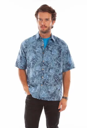 Scully Mens Batik Leaves Blue 100% Cotton S/S Shirt Cropped Style Lightweight Feel Weekend Casual Scully Mens Batik Leaves Blue 100% Cotton S/S Shirt