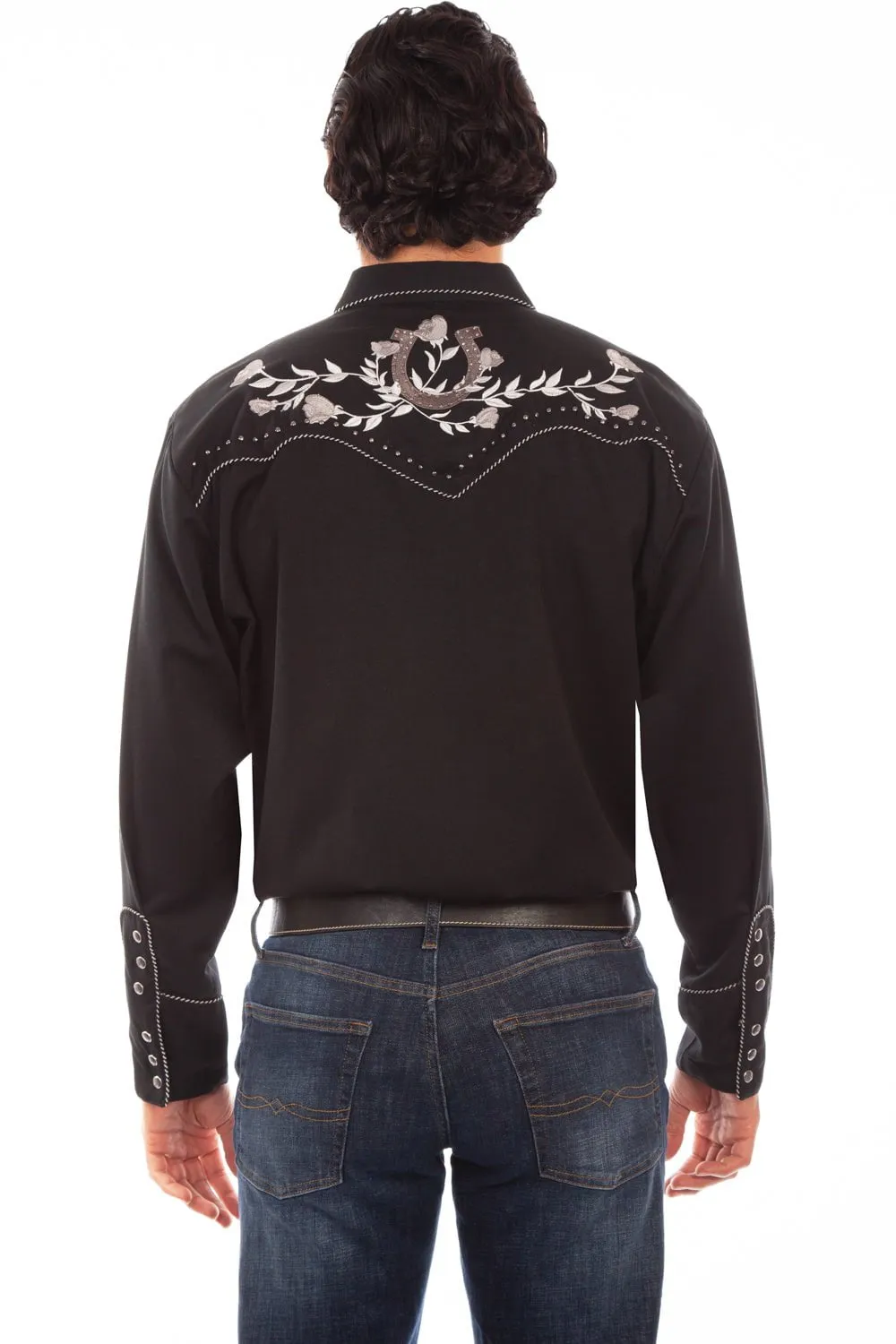 Scully Mens Black Poly/Rayon Grey Horseshoe L/S Shirt Professional Look Geometric Pattern