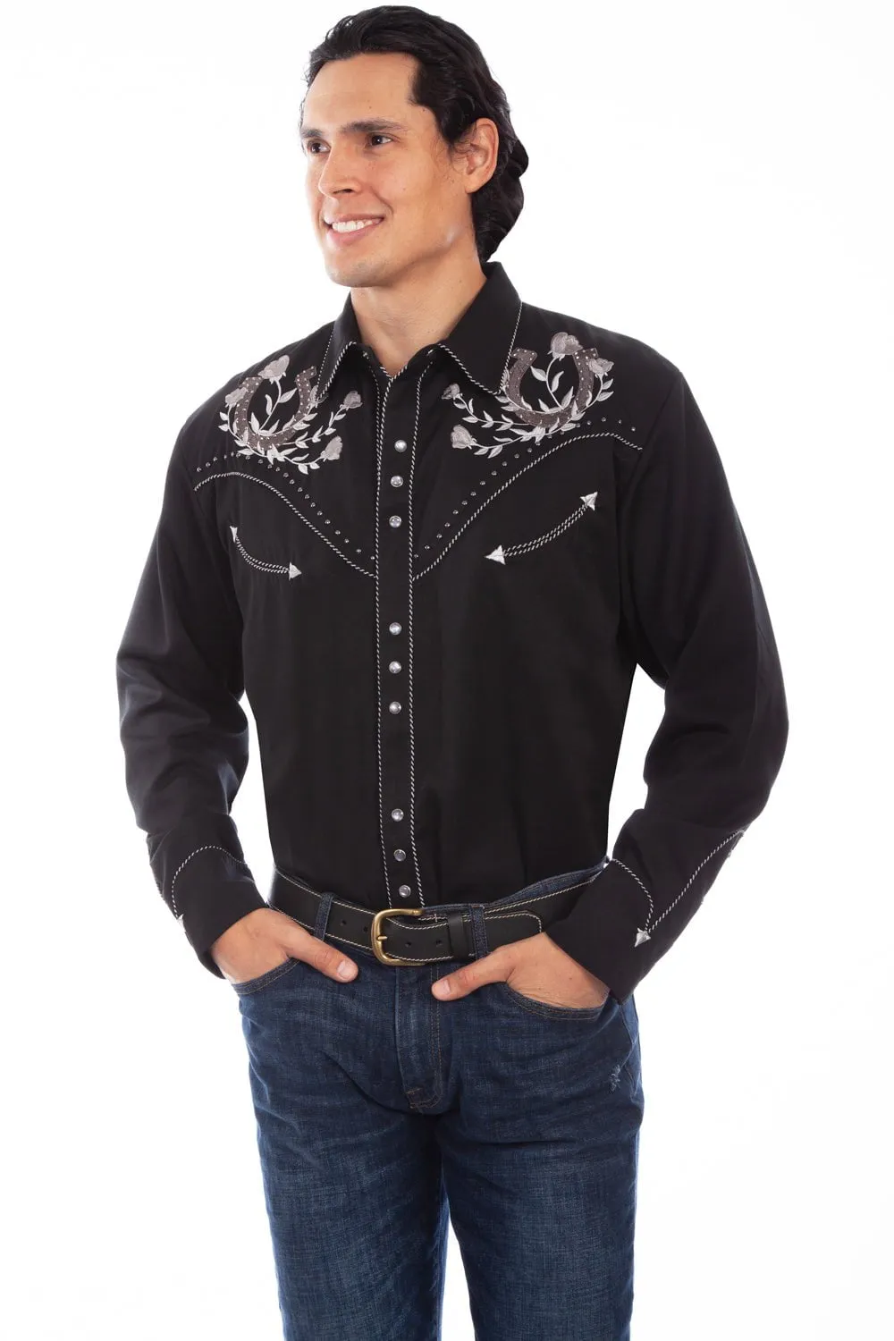 Sleek Silhouette Scully Mens Black Poly/Rayon Grey Horseshoe L/S Shirt