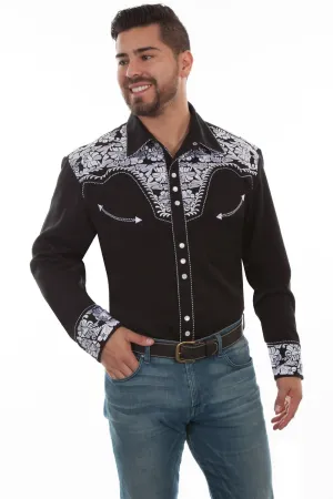 Scully Mens Black/White Polyester Floral Tooled L/S Shirt Cozy Comfort Airflow Ventilation System Scully Mens Black/White Polyester Floral Tooled L/S Shirt