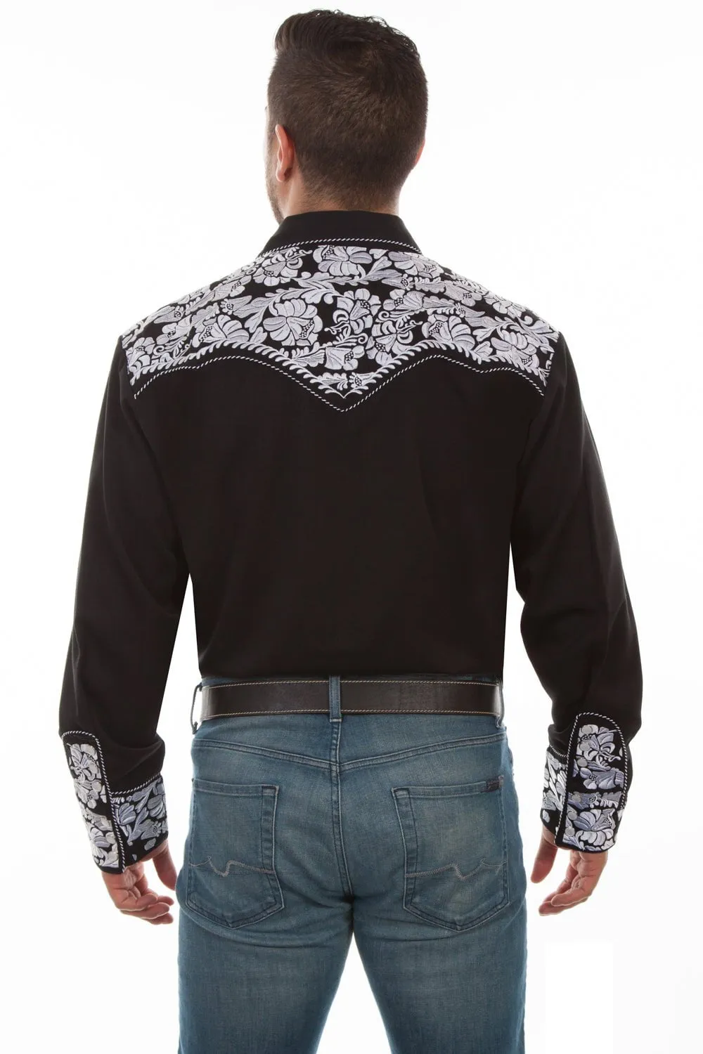 Scully Mens Black/White Polyester Floral Tooled L/S Shirt All-Purpose Wear Trendsetter Choice