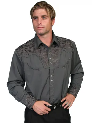 Scully Mens Charcoal Poly/Rayon Tooled Floral L/S Shirt Light Design Scully Mens Charcoal Poly/Rayon Tooled Floral L/S Shirt Job Interview Wrinkle Resistant