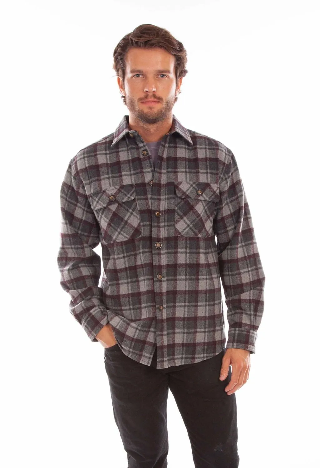 Scully Mens Charcoal/Burgundy Wool Blend Flannel Plaid L/S Shirt Seamless Shoulder