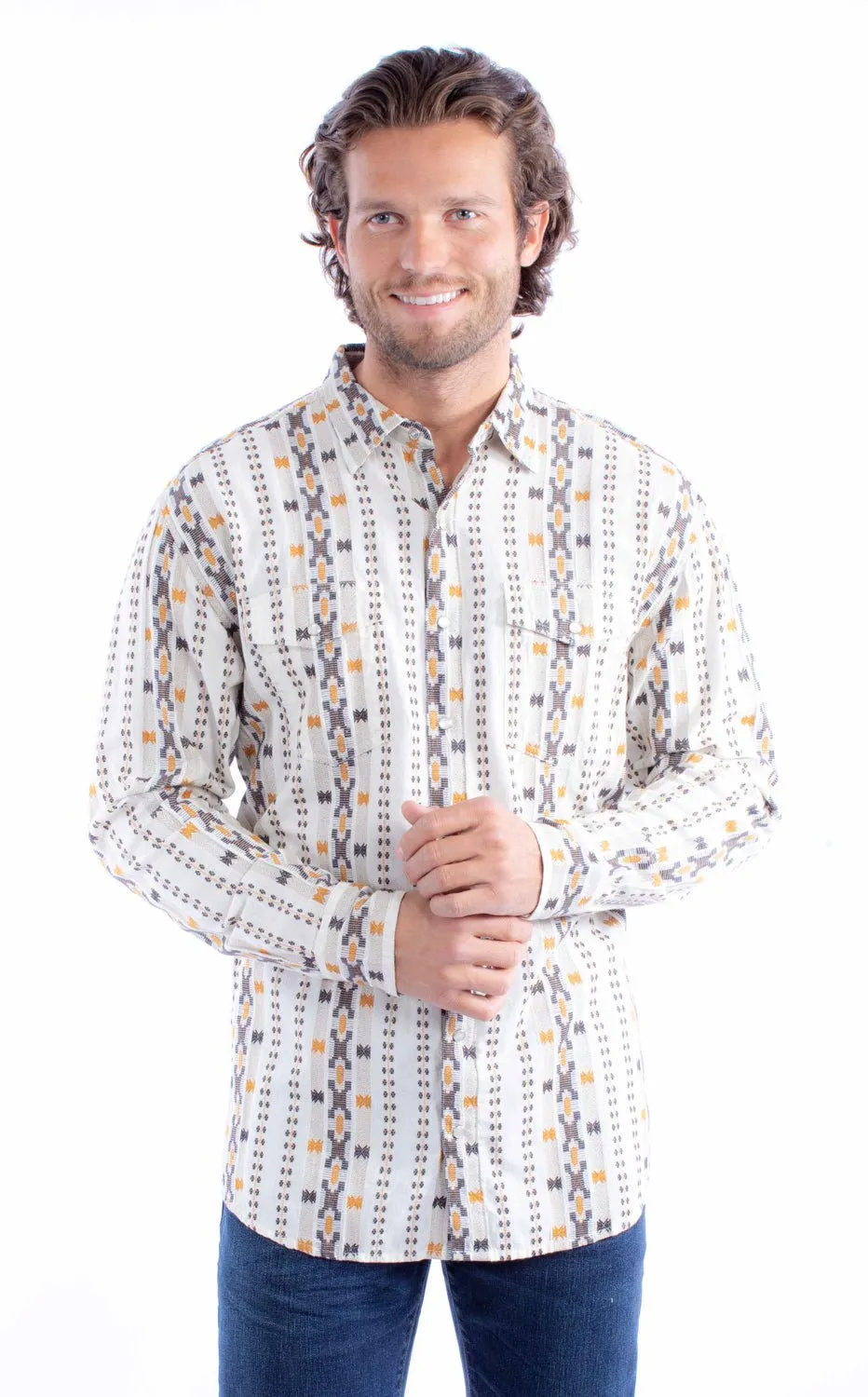 Simple Style Ergonomic Back Panel Scully Mens Dobby Stripe Natural 100% Cotton L/S Shirt