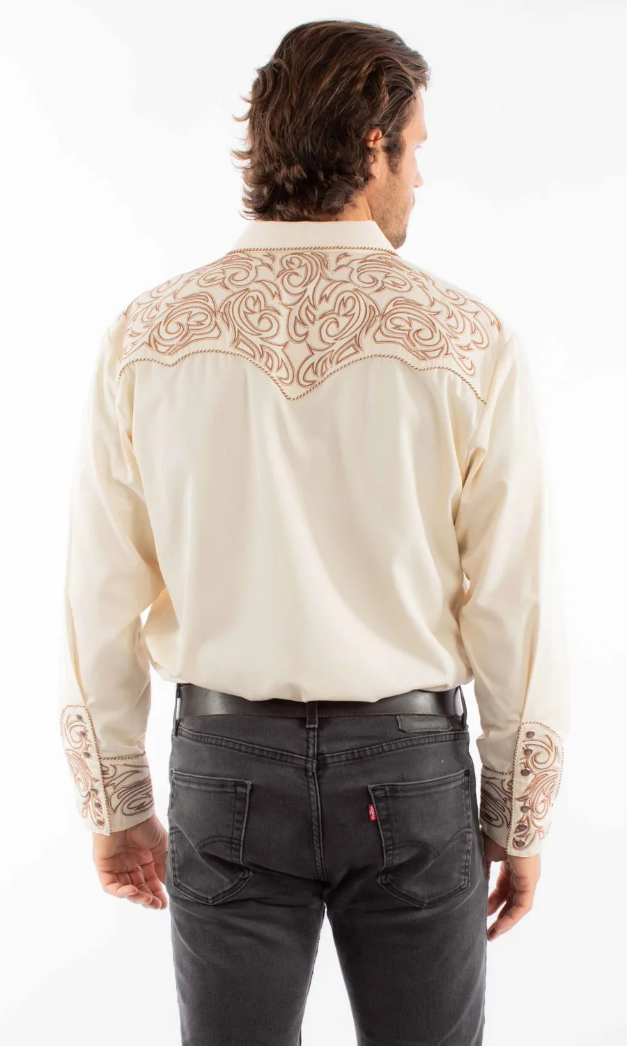 Stretchy Cloth Scully Mens Embroidered Scroll Cream Poly/Rayon L/S Shirt