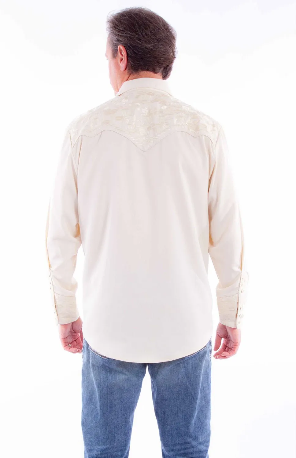 Layered Design garden party Scully Mens Floral Tooled Embroidery Ivory Poly/Rayon L/S Shirt
