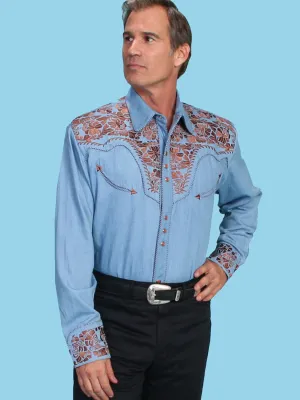 Scully Mens Floral Tooled Embroidery Light Blue Poly/Rayon L/S Shirt UV Protective Easy Styling Anti Static Treatment Scully Mens Floral Tooled Embroidery Light Blue Poly/Rayon L/S Shirt