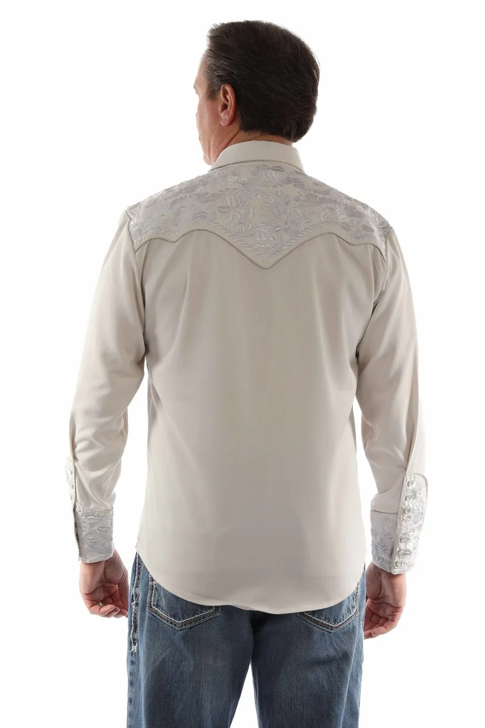 Casual Elegance Chic Option Scully Mens Floral Tooled Embroidery Light Grey Poly/Rayon L/S Shirt