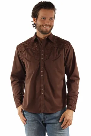 Scully Mens Floral Tooled Embroidery Mocha Poly/Rayon L/S Shirt Durable Style Scully Mens Floral Tooled Embroidery Mocha Poly/Rayon L/S Shirt Soft Wear