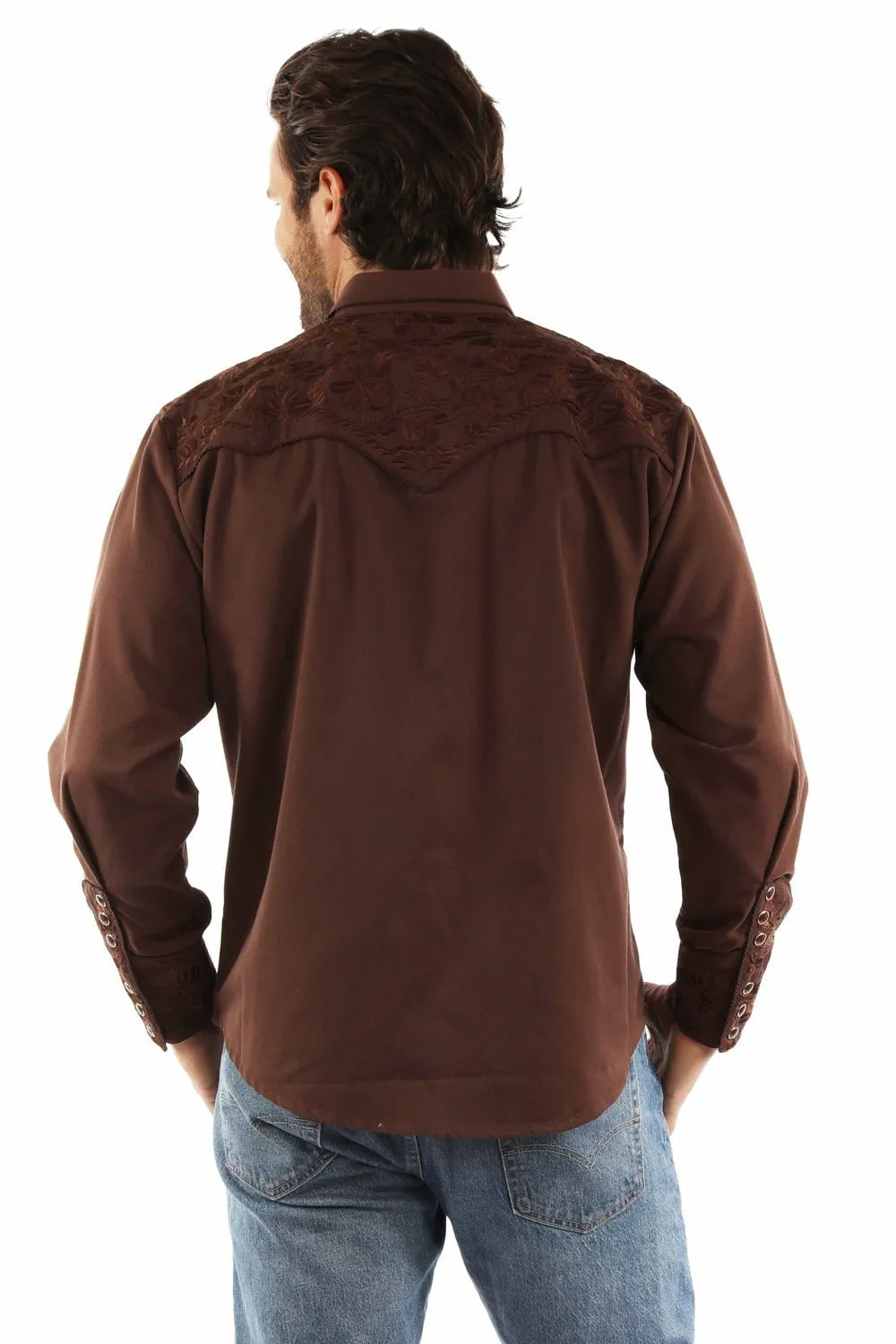 Non-Iron Scully Mens Floral Tooled Embroidery Mocha Poly/Rayon L/S Shirt