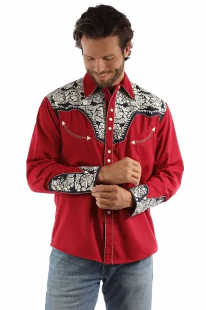 Scully Mens Floral Tooled Embroidery Red/White/Blue Poly/Rayon L/S Shirt Stretchable Durable Thread Construction Unisex Choice Scully Mens Floral Tooled Embroidery Red/White/Blue Poly/Rayon L/S Shirt