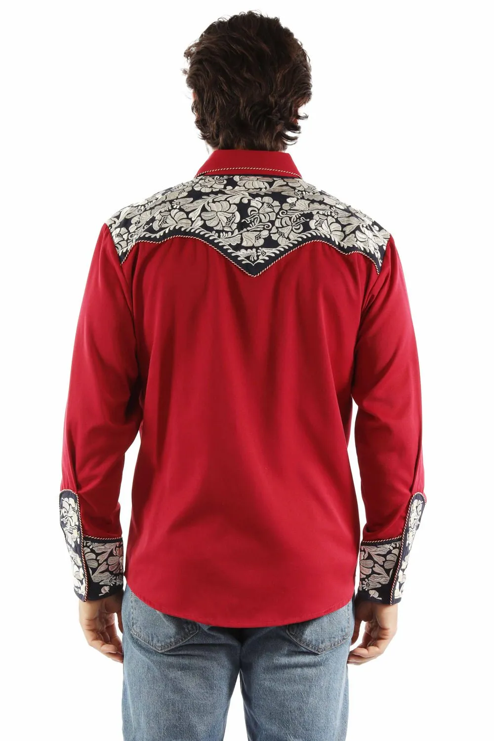 Scully Mens Floral Tooled Embroidery Red/White/Blue Poly/Rayon L/S Shirt Multipurpose Layering Fabric