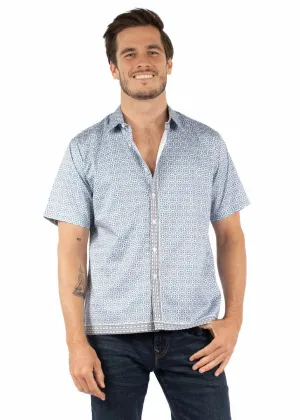Scully Mens Geometric Button Placket Blue 100% Cotton S/S Shirt No Slip Collar Lightweight Material Scully Mens Geometric Button Placket Blue 100% Cotton S/S Shirt