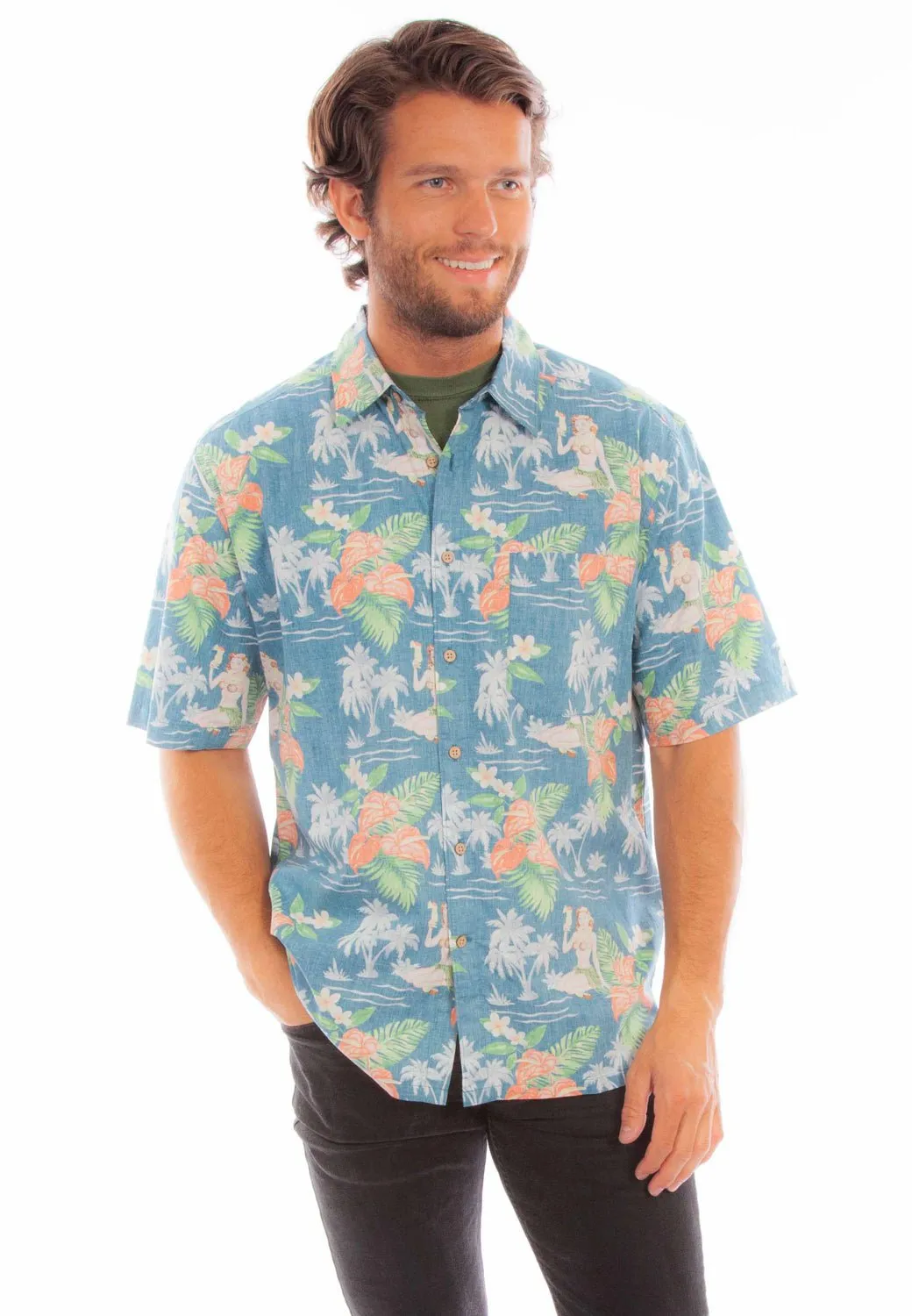Minimalist Design Zip Front Scully Mens Hawaiian Coconuts Blue 100% Cotton S/S Shirt