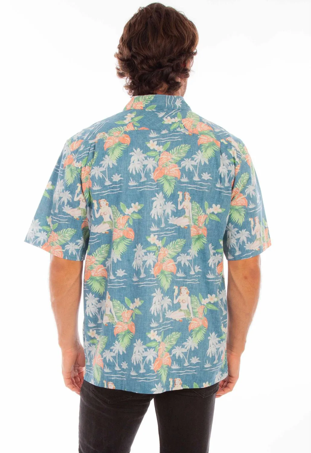 Vibrant color Scully Mens Hawaiian Coconuts Blue 100% Cotton S/S Shirt