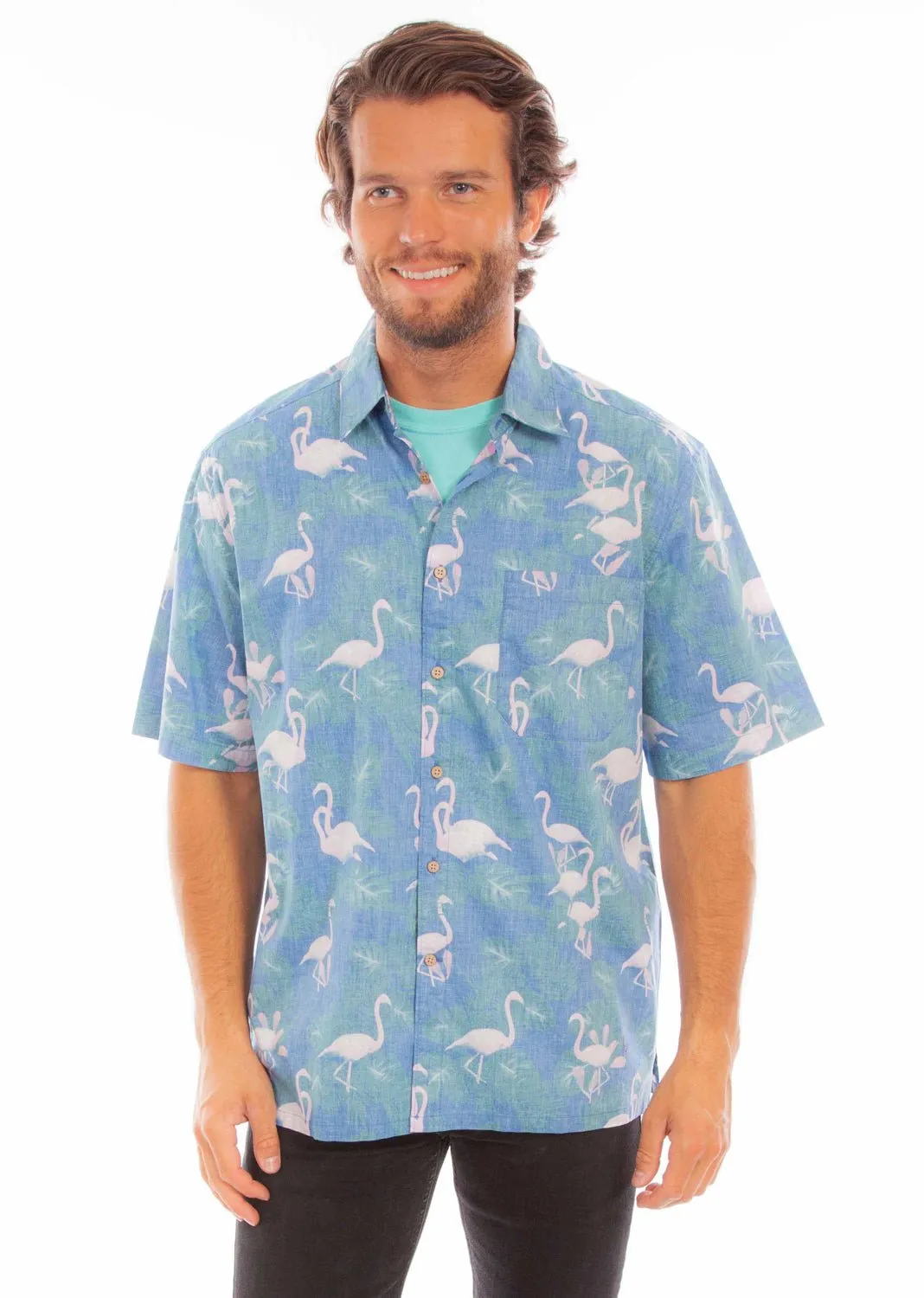Scully Mens Hawaiian Flamingo Capri Blue 100% Cotton S/S Shirt Casual Elegance