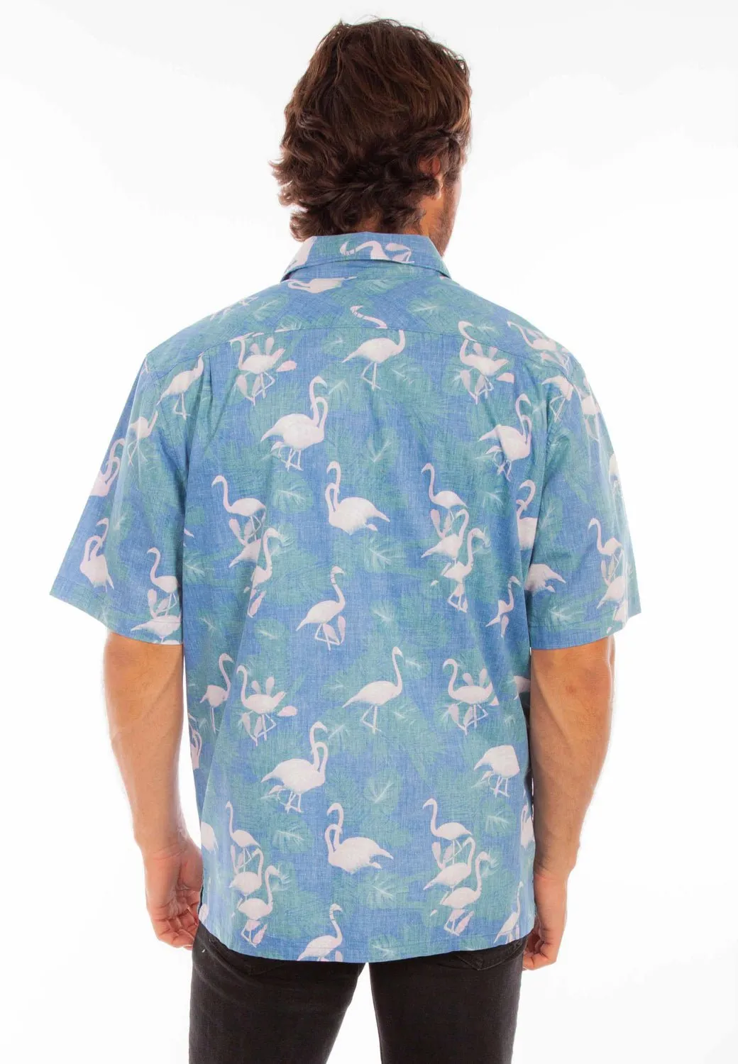 Minimalist Look Scully Mens Hawaiian Flamingo Capri Blue 100% Cotton S/S Shirt
