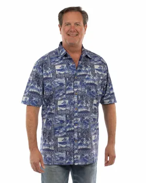 Scully Mens Hawaiian Scenery Blue 100% Cotton S/S Shirt Geometric Print Scully Mens Hawaiian Scenery Blue 100% Cotton S/S Shirt Weekend Wear Sustainable Material