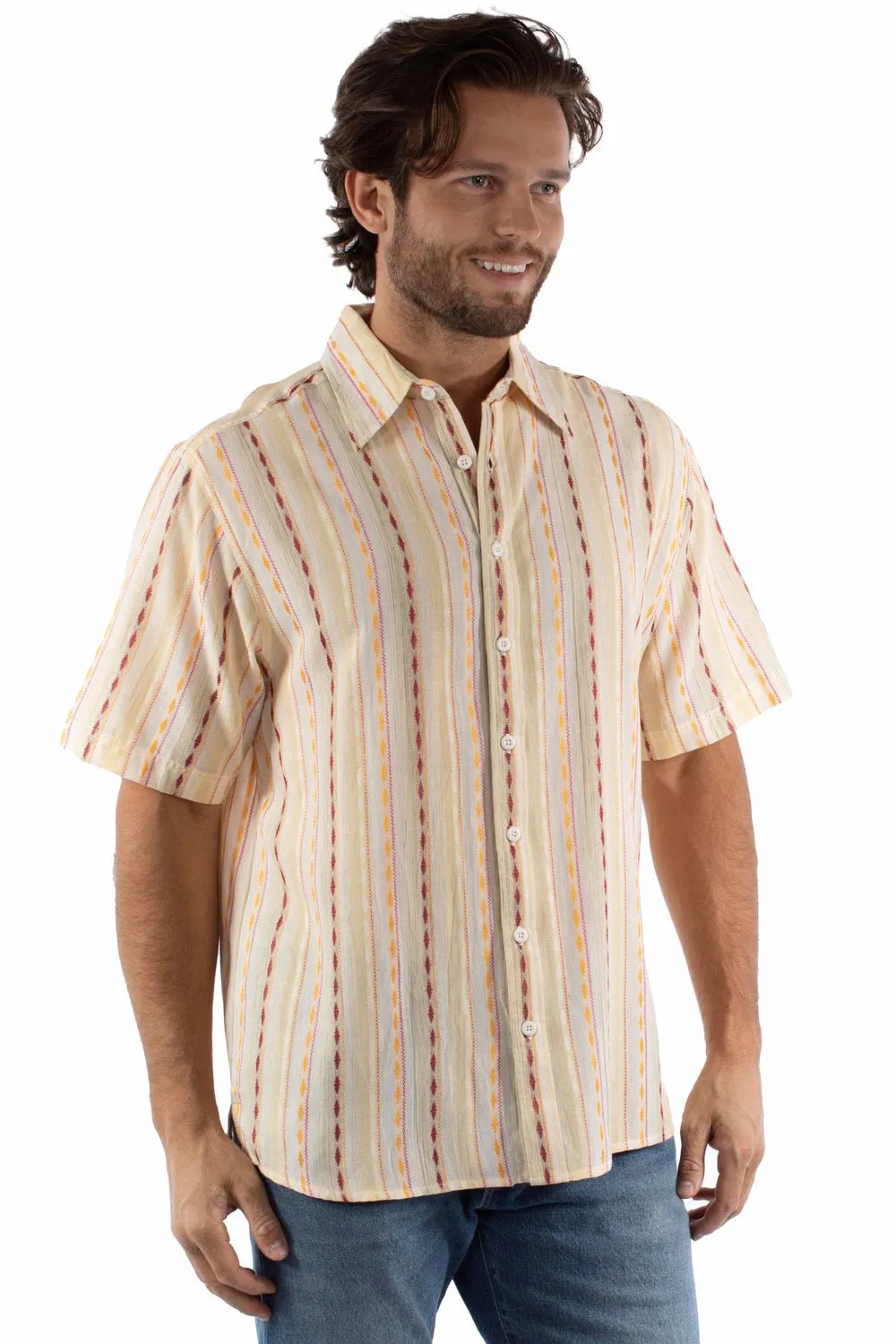 Scully Mens Jacquard Southwest Stripe Cream 100% Cotton S/S Shirt Smart Look Eco Friendly Production