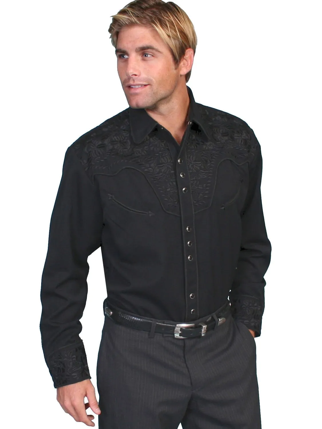 Scully Mens Jet Black Poly/Rayon Tooled Floral L/S Shirt Trendy Vibes UV Protective Coating