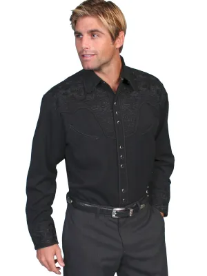 Scully Mens Jet Black Poly/Rayon Tooled Floral L/S Shirt Casual Chic Scully Mens Jet Black Poly/Rayon Tooled Floral L/S Shirt hypoallergenic material Anti Pilling Finish