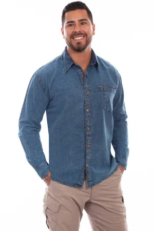 Scully Mens Lt Washed Denim 100% Cotton Trail Walk L/S Shirt Cozy Comfort Wardrobe Essential Ventilated Back Panel Scully Mens Lt Washed Denim 100% Cotton Trail Walk L/S Shirt