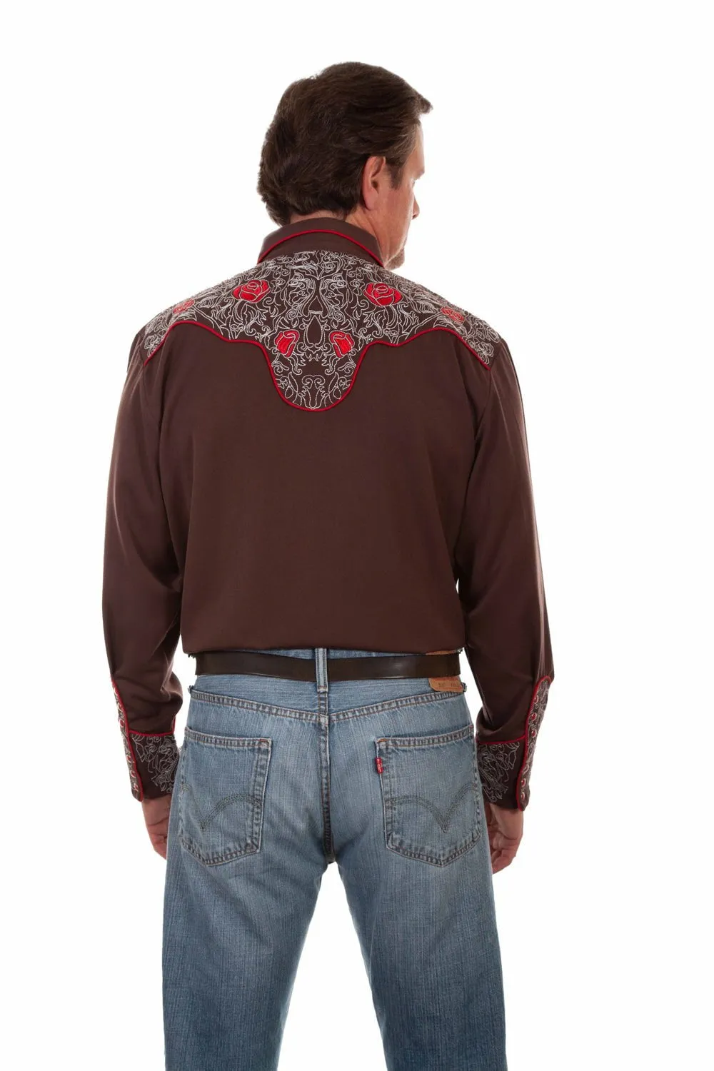 Minimalist Design Scully Mens Mesmerising Red Roses Chocolate Poly/Rayon L/S Shirt