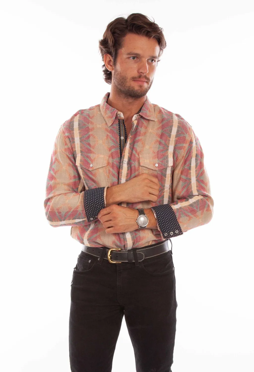 Scully Mens Natural 100% Cotton Southwest Stripe L/S Shirt Quality Material City Exploration