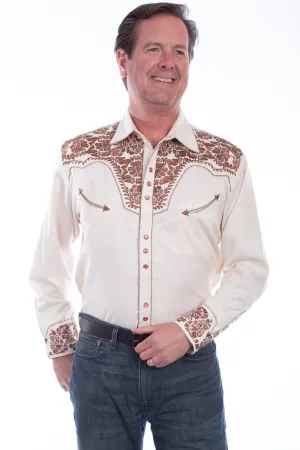 Scully Mens Natural Poly/Rayon Tooled Floral L/S Shirt High Comfort Roll-Up Sleeve Classic Wear Scully Mens Natural Poly/Rayon Tooled Floral L/S Shirt