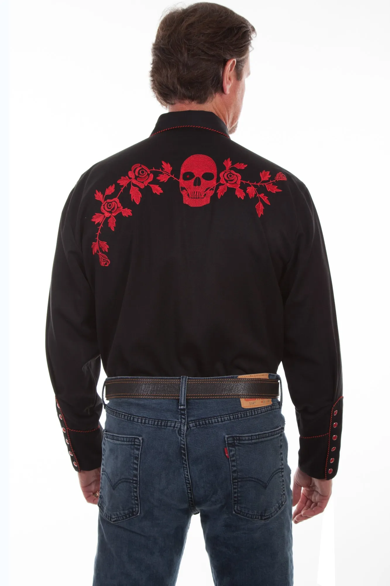 Scully Mens Red Poly/Rayon Skull/Rose L/S Shirt All-day Comfort Poolside Lounge