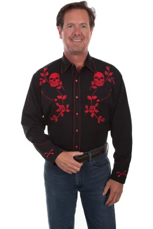 Scully Mens Red Poly/Rayon Skull/Rose L/S Shirt Cool Colors Odor Control Fabric fade resistant color Scully Mens Red Poly/Rayon Skull/Rose L/S Shirt
