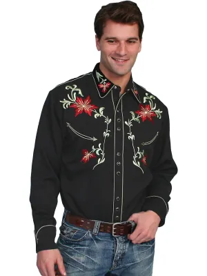 Scully Mens Shirt Western Black Poly Blend Embroidered Floral Arrow L/S Breathable Lining Scully Mens Shirt Western Black Poly Blend Embroidered Floral Arrow L/S Graphic Art Comfy Layer