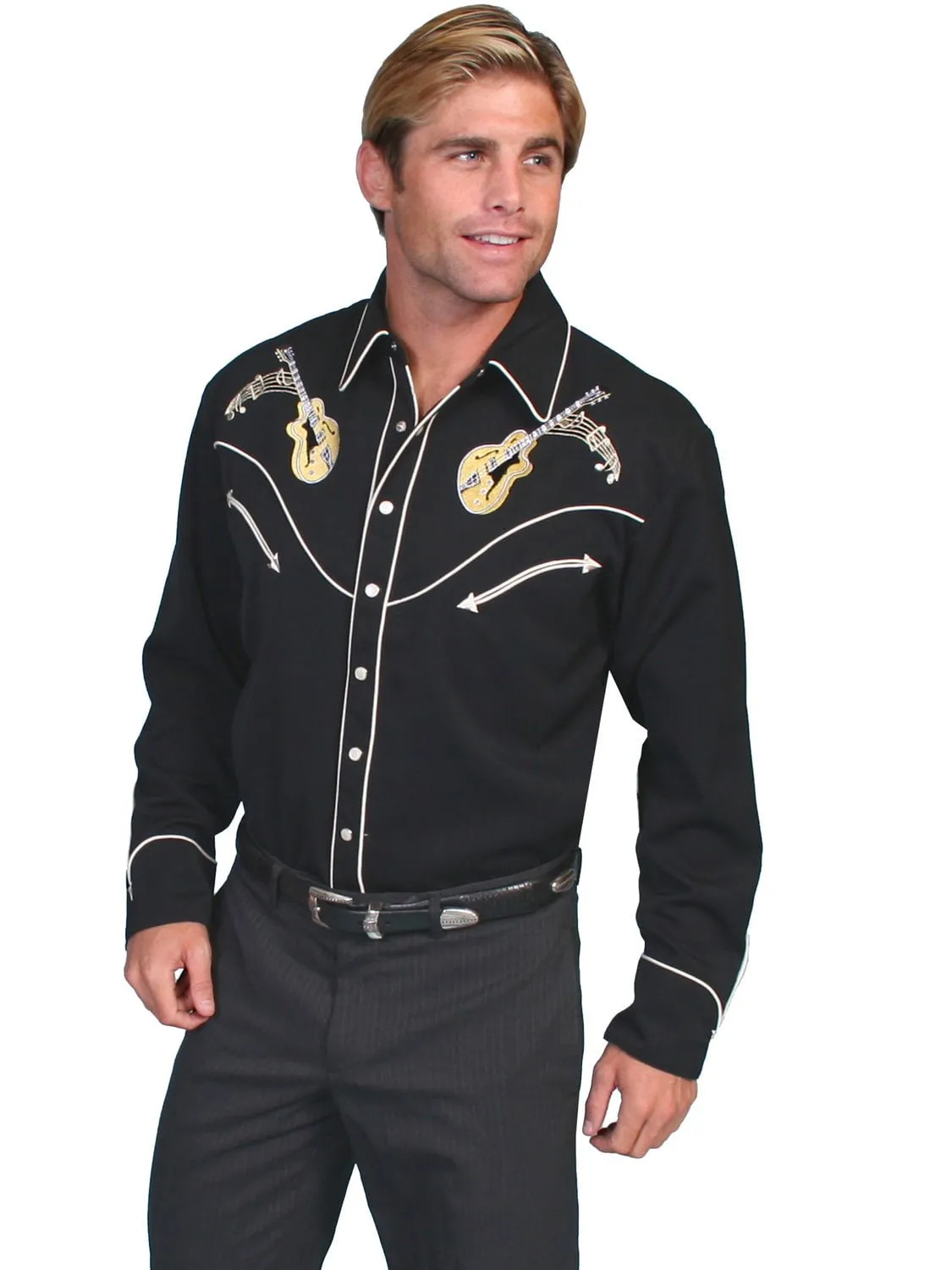 Simple Fit Eco Friendly Material Scully Mens Shirt Western Black Poly Blend Rock 'n Roll Stitch L/S